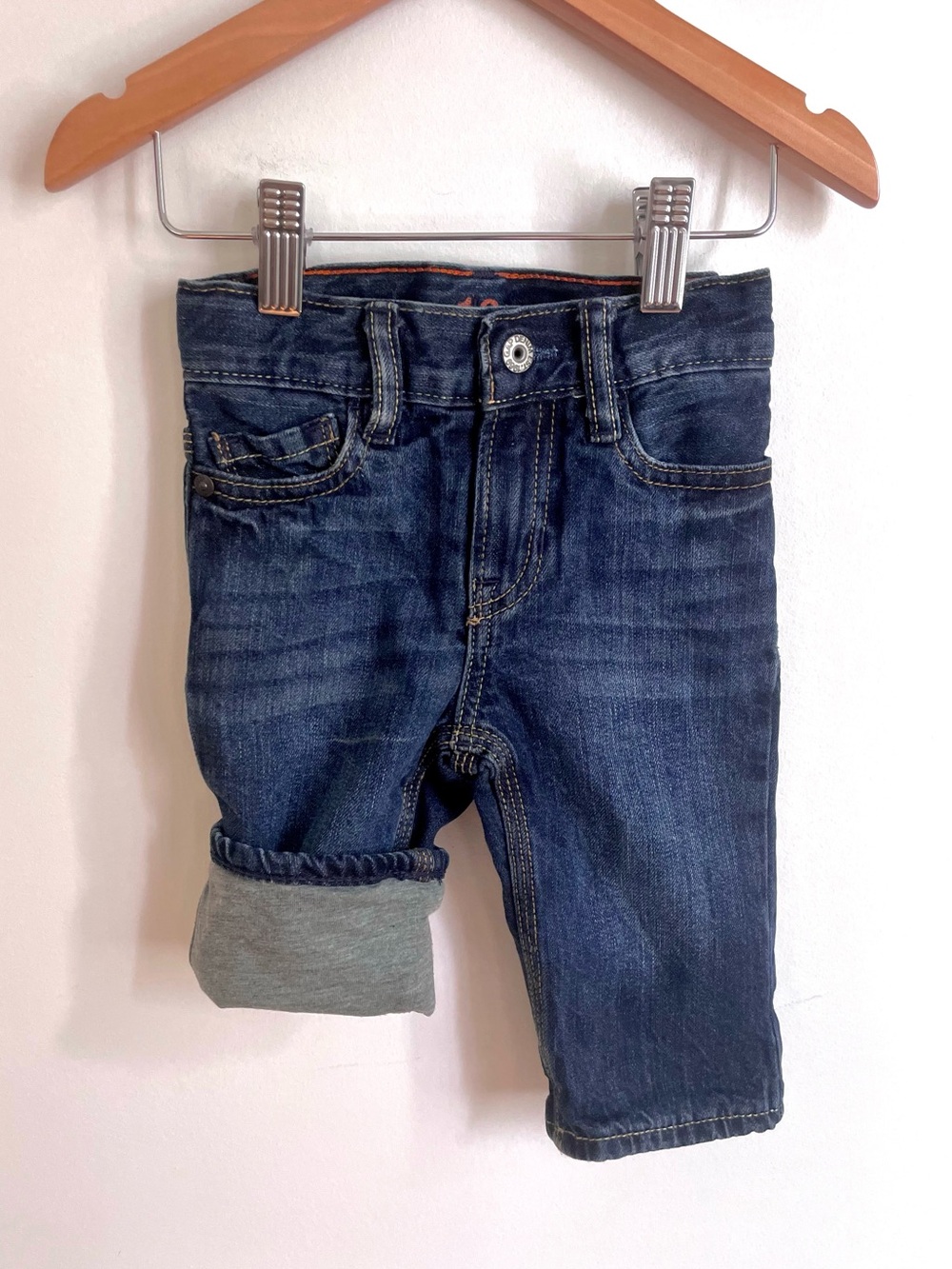 $8 💥Gap Lined Denim Straight Jeans, Grey Jersey, Warm Cozy, Med Wash, Pockets